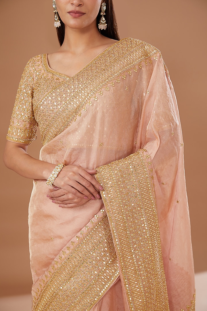 Peach Pure Tissue Embroidered Reception Saree Set by SURBHI SHAH at Pernia's Pop Up Shop