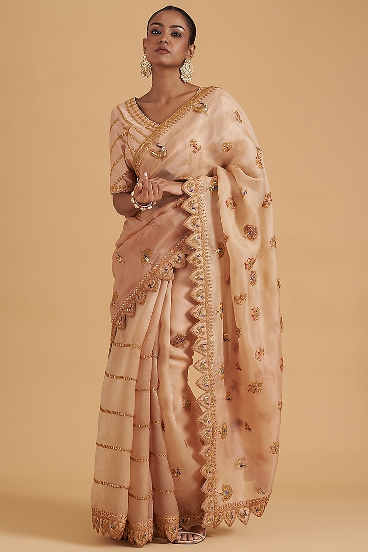 Beige Pure Organza Embroidered Reception Saree Set by SURBHI SHAH at Pernia's Pop Up Shop