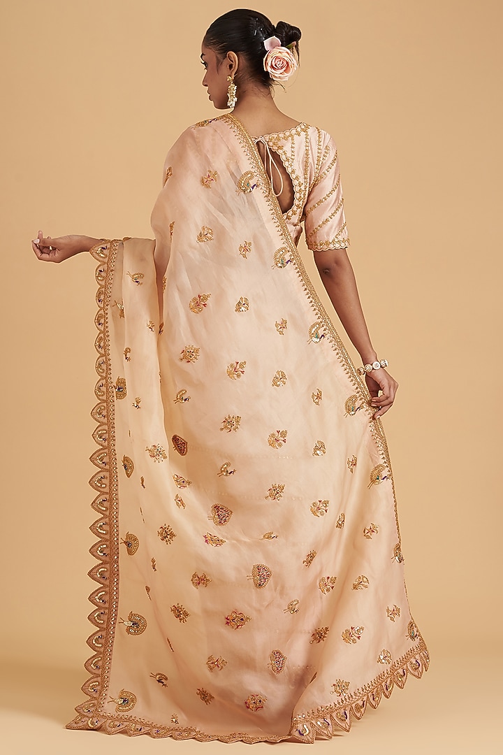 Beige Pure Organza Embroidered Reception Saree Set by SURBHI SHAH at Pernia's Pop Up Shop