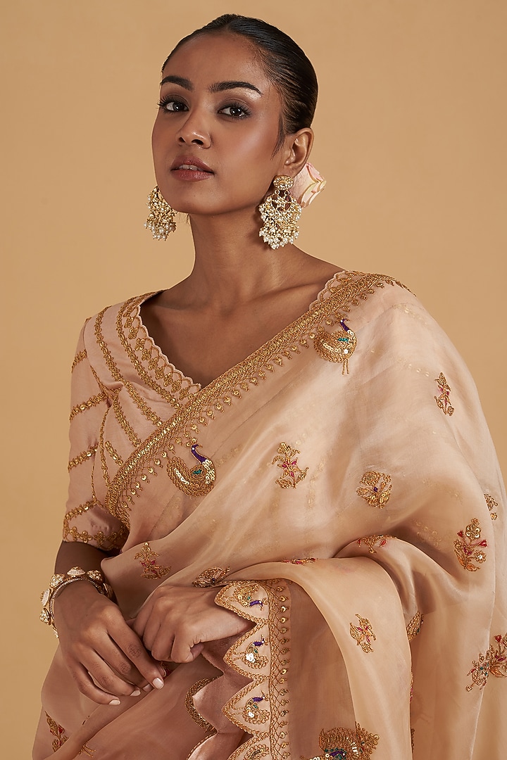 Beige Pure Organza Embroidered Reception Saree Set by SURBHI SHAH at Pernia's Pop Up Shop