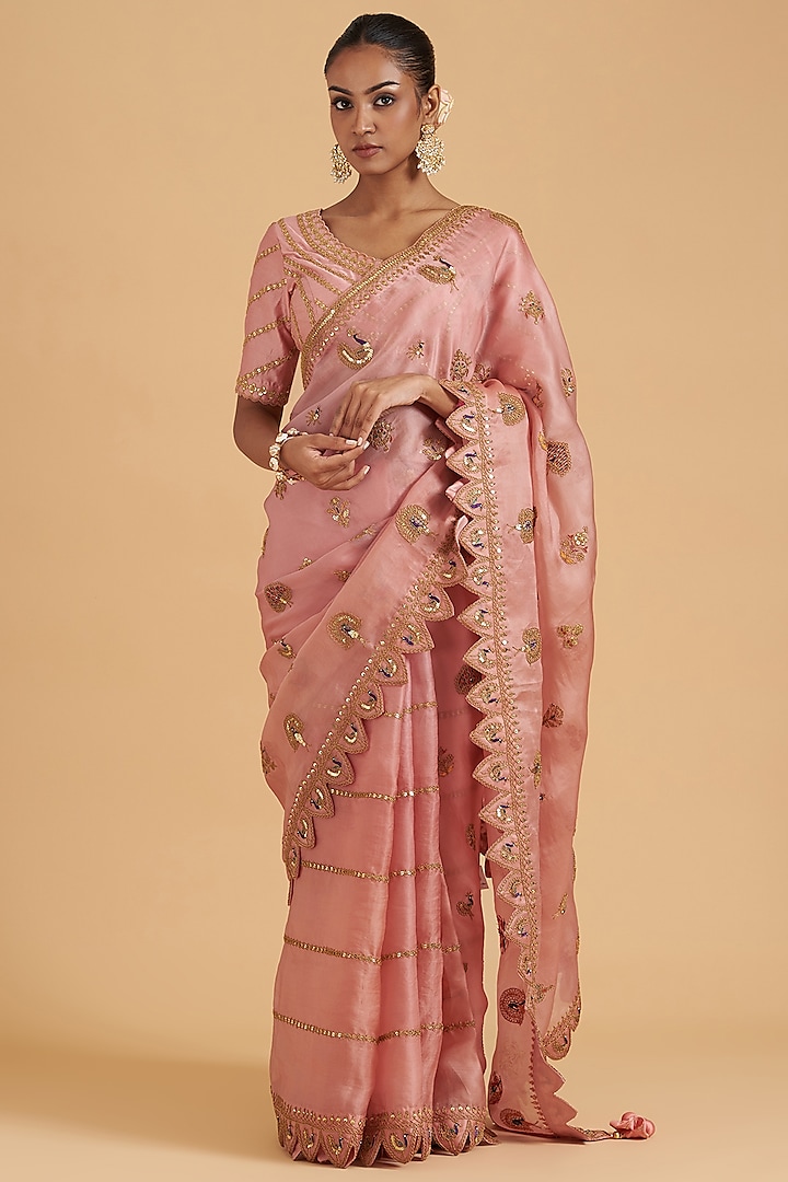 Rose Gold Pure Organza Embroidered Saree Set by SURBHI SHAH at Pernia's Pop Up Shop