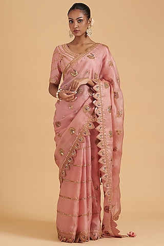 Rose Gold Pure Organza Embroidered Saree Set by SURBHI SHAH