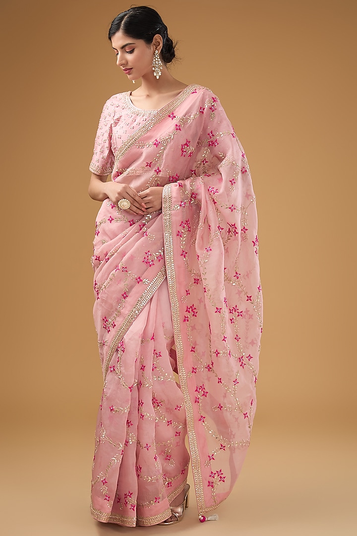 Pink Organza Resham Embroidered Wedding Saree Set by SURBHI SHAH at Pernia's Pop Up Shop