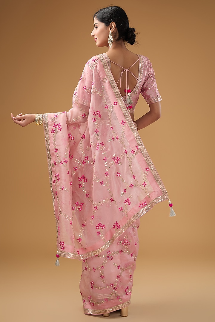 Pink Organza Resham Embroidered Wedding Saree Set by SURBHI SHAH at Pernia's Pop Up Shop