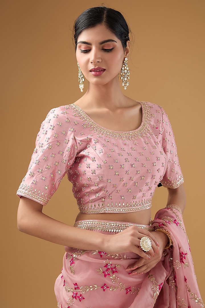 Pink Organza Resham Embroidered Wedding Saree Set by SURBHI SHAH at Pernia's Pop Up Shop