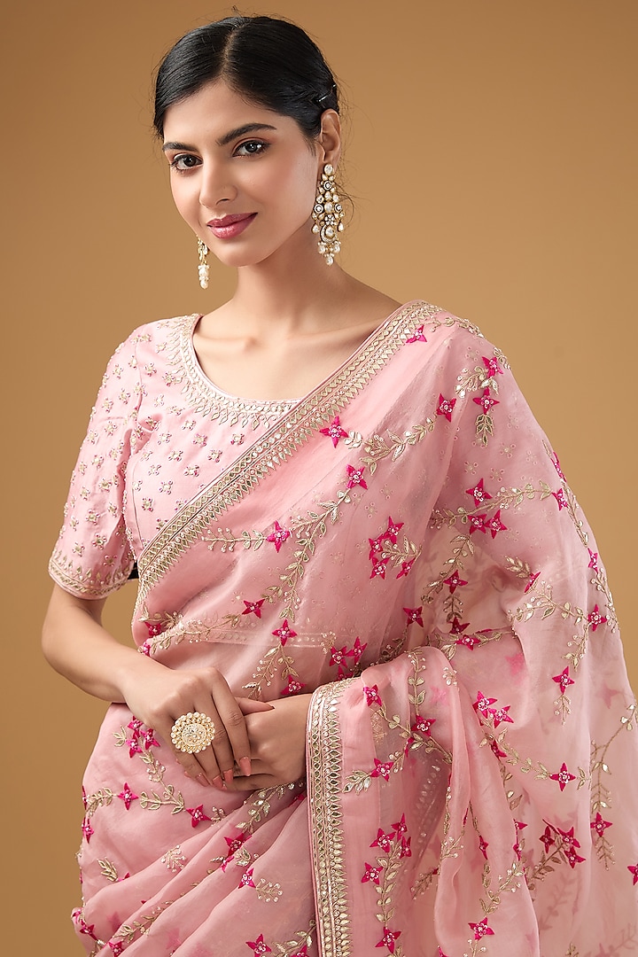 Pink Organza Resham Embroidered Wedding Saree Set by SURBHI SHAH at Pernia's Pop Up Shop