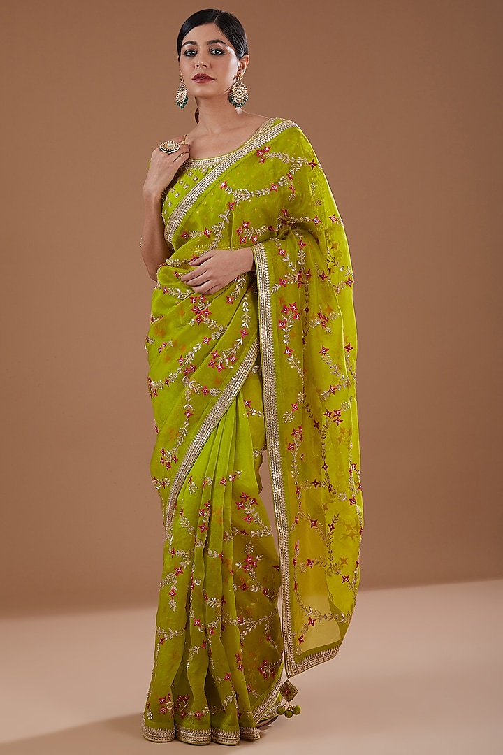 Green Organza Gota & Marori Wedding Saree Set by SURBHI SHAH at Pernia's Pop Up Shop