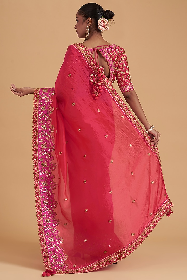 Red Pure Taffeta Patch Marori Embroidered Wedding Saree Set by SURBHI SHAH at Pernia's Pop Up Shop