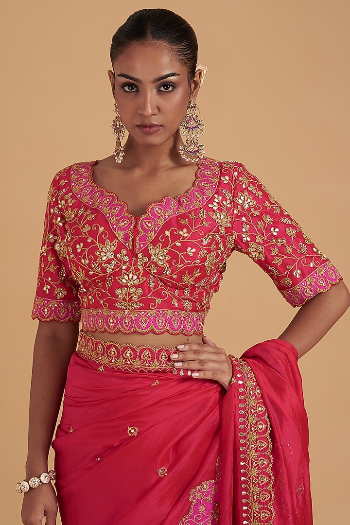 Red Pure Taffeta Patch Marori Embroidered Wedding Saree Set by SURBHI SHAH at Pernia's Pop Up Shop