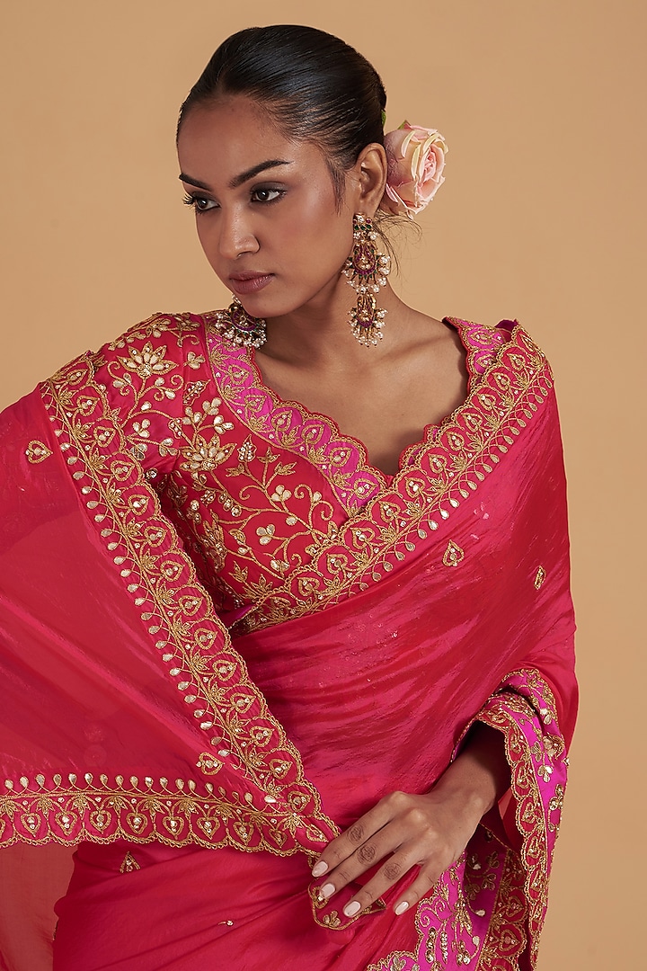 Red Pure Taffeta Patch Marori Embroidered Wedding Saree Set by SURBHI SHAH at Pernia's Pop Up Shop