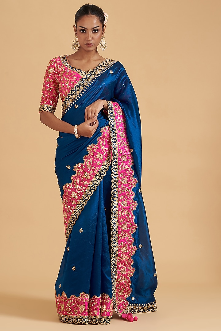 Royal Blue Pure Taffeta Embroidered Saree Set by SURBHI SHAH at Pernia's Pop Up Shop