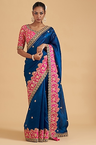 Royal Blue Pure Taffeta Embroidered Saree Set by SURBHI SHAH