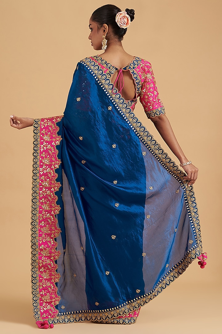 Royal Blue Pure Taffeta Embroidered Wedding Saree Set by SURBHI SHAH at Pernia's Pop Up Shop
