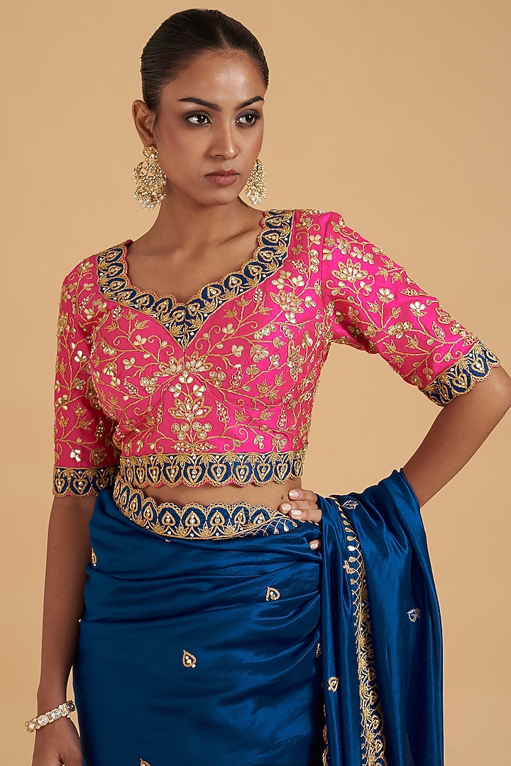 Royal Blue Pure Taffeta Embroidered Wedding Saree Set by SURBHI SHAH at Pernia's Pop Up Shop