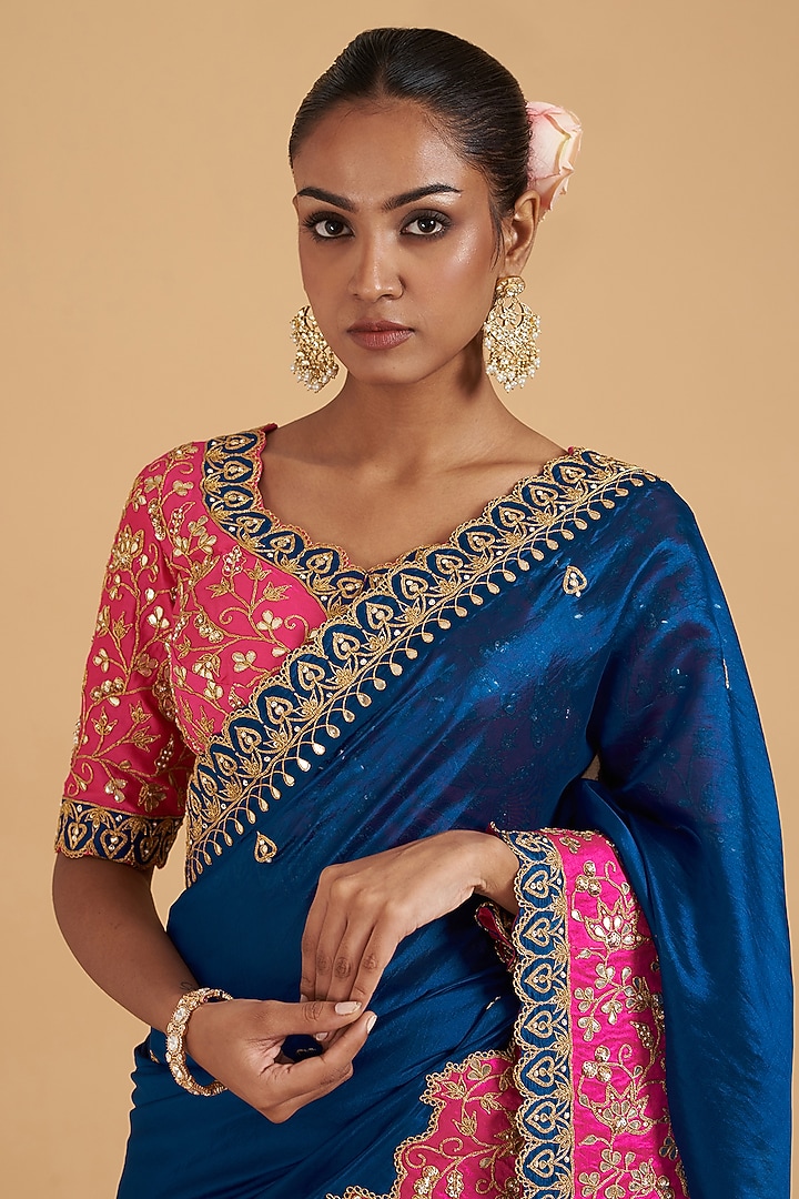 Royal Blue Pure Taffeta Embroidered Wedding Saree Set by SURBHI SHAH at Pernia's Pop Up Shop
