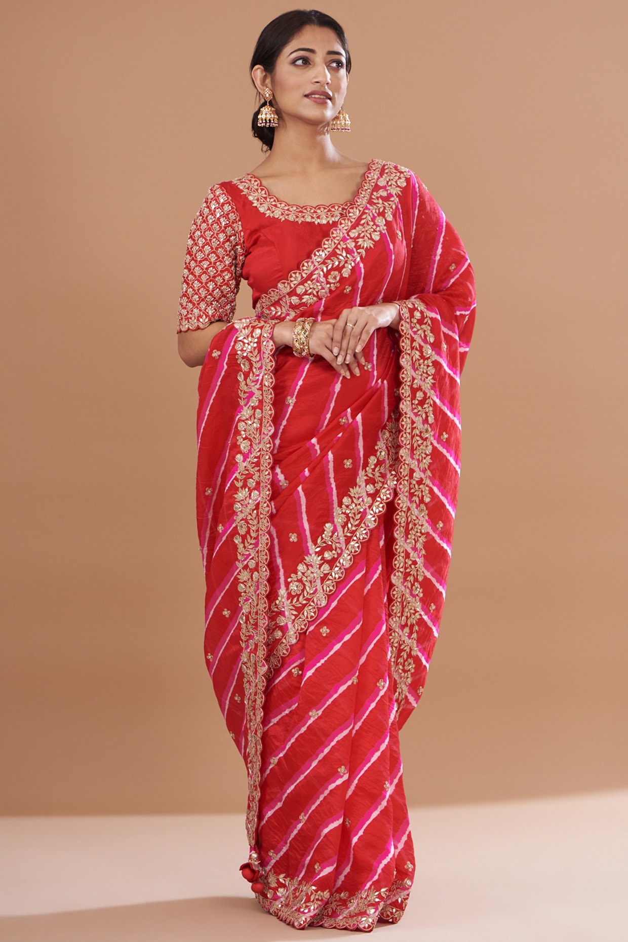 Red Banarasi Khaddi Georgette Leheriya with Buttis – Mahavirs