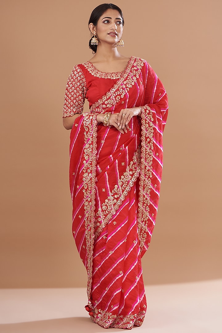 Red Pure Kora Silk Embroidered Leheriya Saree Set by SURBHI SHAH