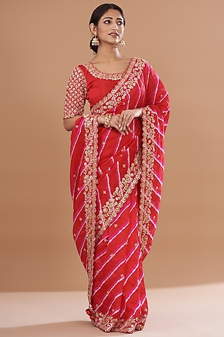 Red Pure Kora Silk Embroidered Leheriya Saree Set by SURBHI SHAH