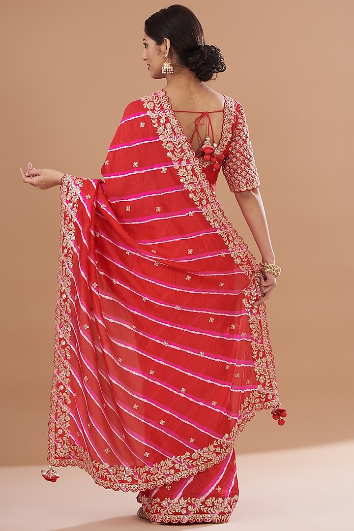 Red Pure Kora Silk Embroidered Leheriya Wedding Saree Set by SURBHI SHAH at Pernia's Pop Up Shop