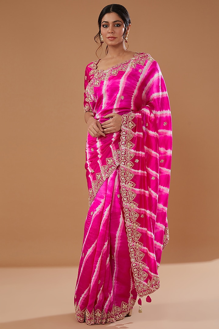 Pink Pure Kora Silk Embroidered Leheriya Saree Set by SURBHI SHAH at Pernia's Pop Up Shop