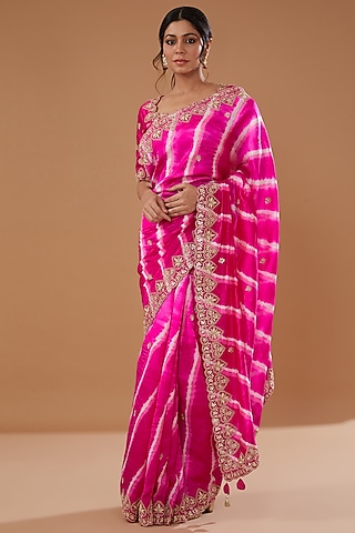 Pink Pure Kora Silk Embroidered Leheriya Saree Set by SURBHI SHAH