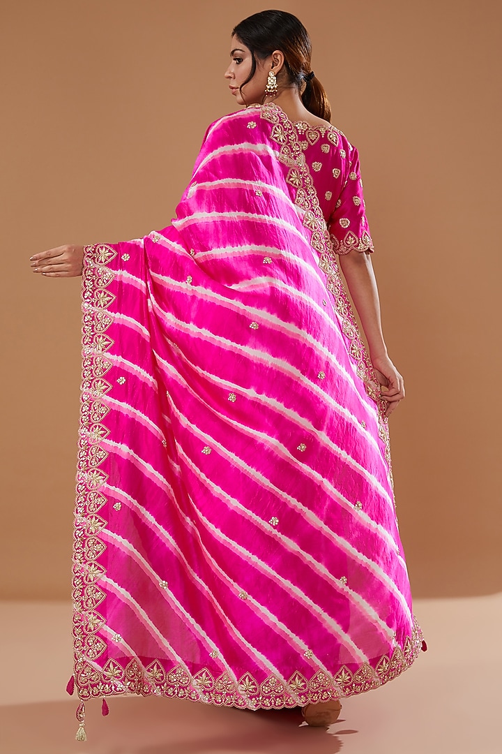 Pink Pure Kora Silk Embroidered Leheriya Wedding Saree Set by SURBHI SHAH at Pernia's Pop Up Shop
