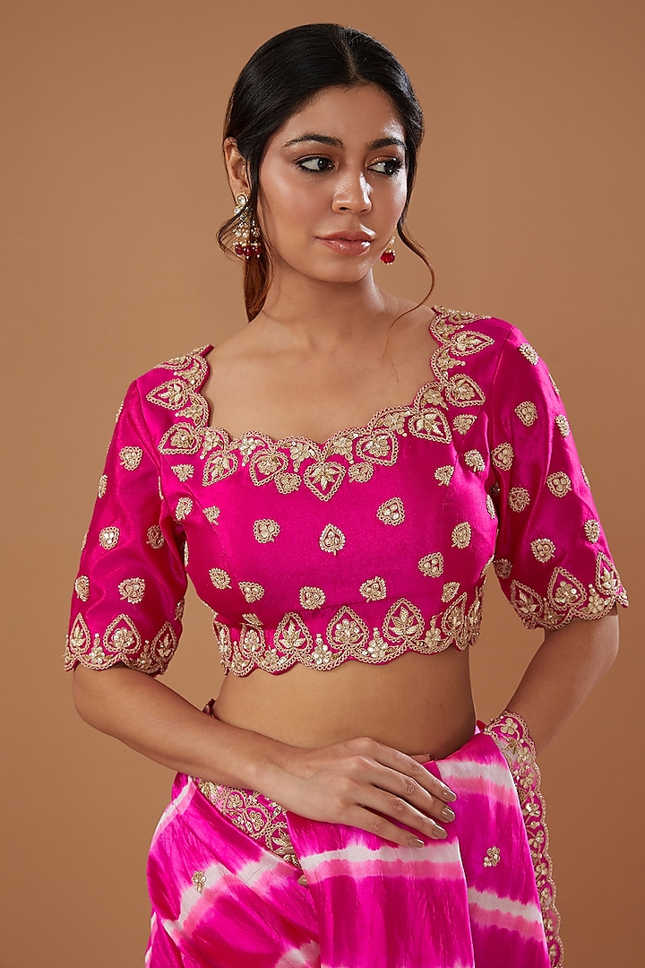 Pink Pure Kora Silk Embroidered Leheriya Wedding Saree Set by SURBHI SHAH at Pernia's Pop Up Shop