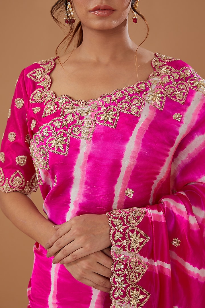 Pink Pure Kora Silk Embroidered Leheriya Wedding Saree Set by SURBHI SHAH at Pernia's Pop Up Shop