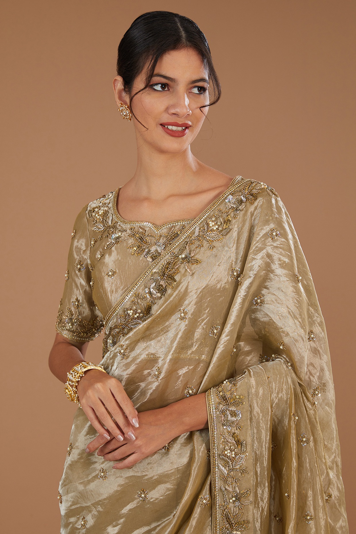 Pure Tissue Silk Banarasi Saree in Golden : SNEA2163