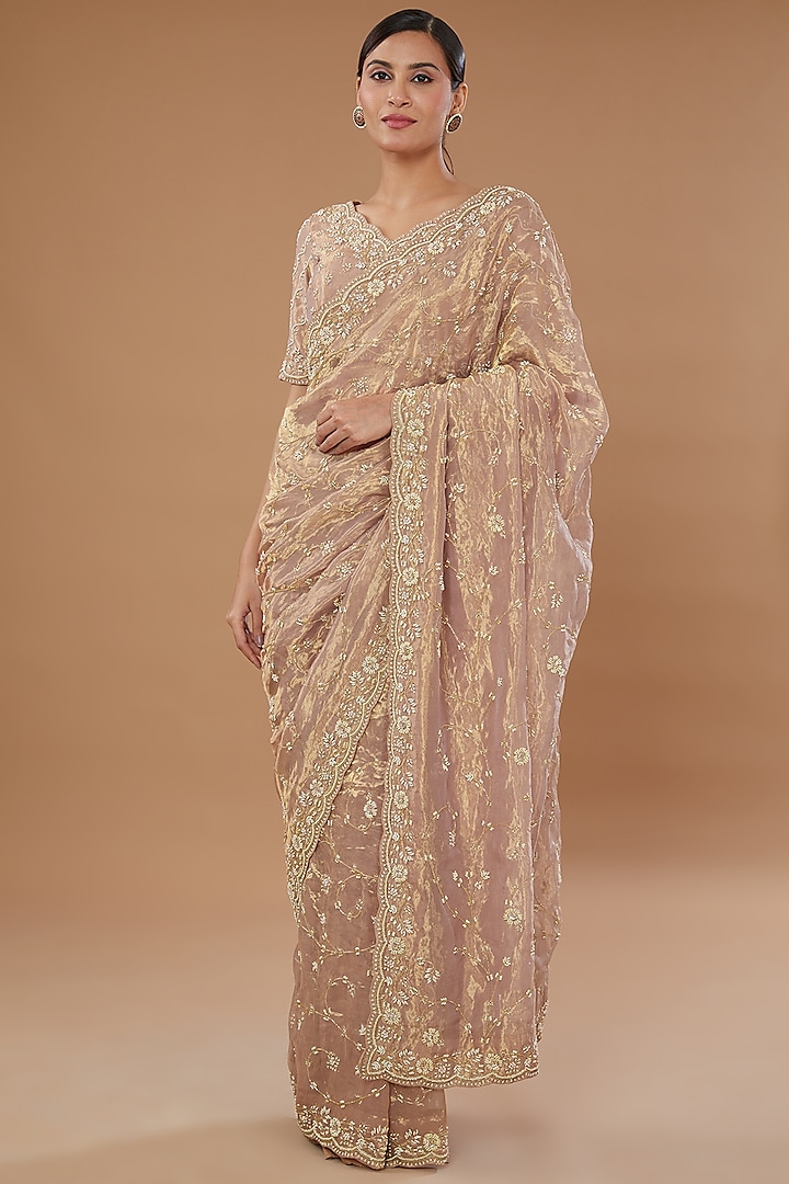 Gold Pure Tissue Embroidered Saree Set by SURBHI SHAH