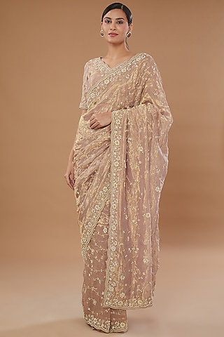 Gold Pure Tissue Embroidered Saree Set by SURBHI SHAH