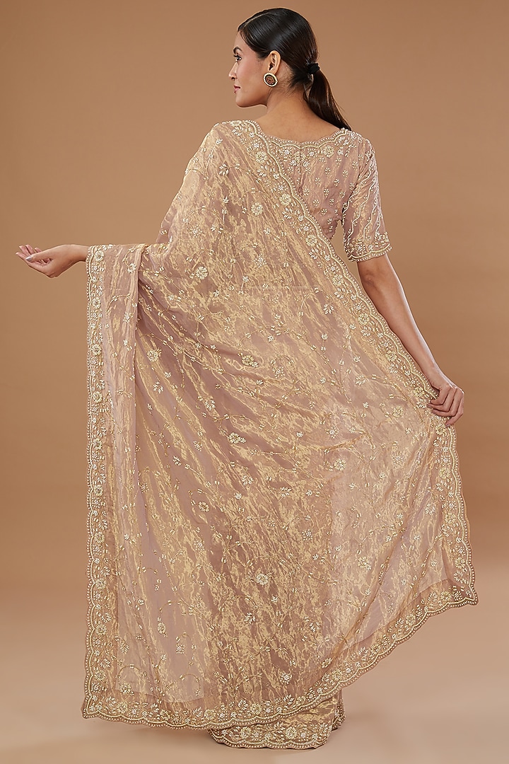 Gold Pure Tissue Embroidered Reception Saree Set by SURBHI SHAH at Pernia's Pop Up Shop