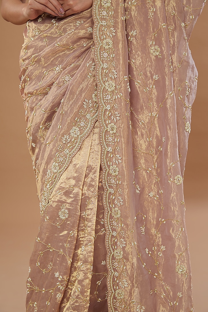 Gold Pure Tissue Embroidered Reception Saree Set by SURBHI SHAH at Pernia's Pop Up Shop