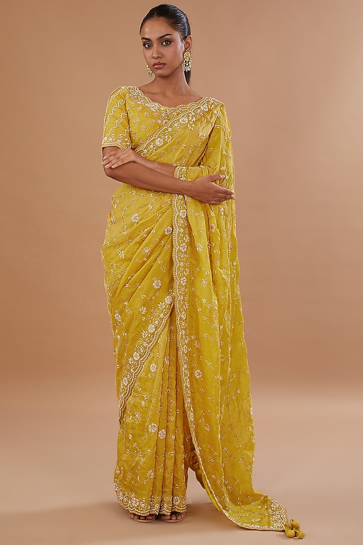 Yellow Pure Tissue Pearl Embroidered Reception Saree Set by SURBHI SHAH at Pernia's Pop Up Shop