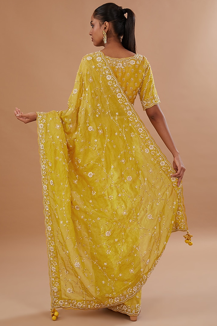Yellow Pure Tissue Pearl Embroidered Reception Saree Set by SURBHI SHAH at Pernia's Pop Up Shop