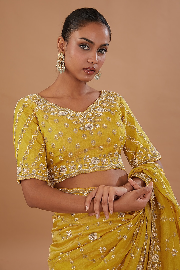 Yellow Pure Tissue Pearl Embroidered Reception Saree Set by SURBHI SHAH at Pernia's Pop Up Shop