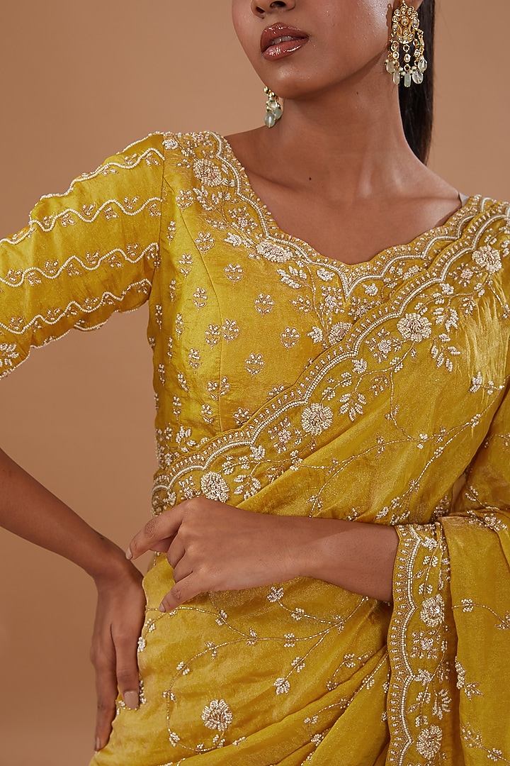 Yellow Pure Tissue Pearl Embroidered Reception Saree Set by SURBHI SHAH at Pernia's Pop Up Shop