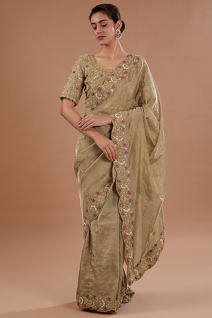 Antique Gold Pure Tissue Marori Embroidered Saree Set by SURBHI SHAH at Pernia's Pop Up Shop