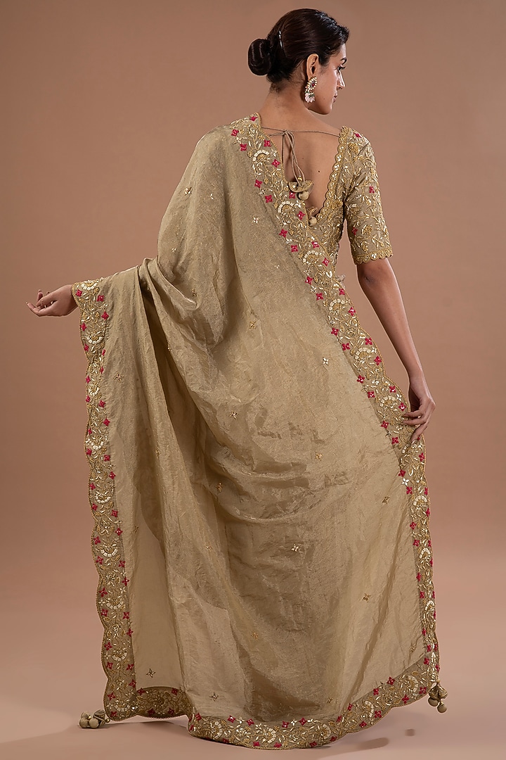 Antique Gold Pure Tissue Marori Embroidered Reception Saree Set by SURBHI SHAH at Pernia's Pop Up Shop