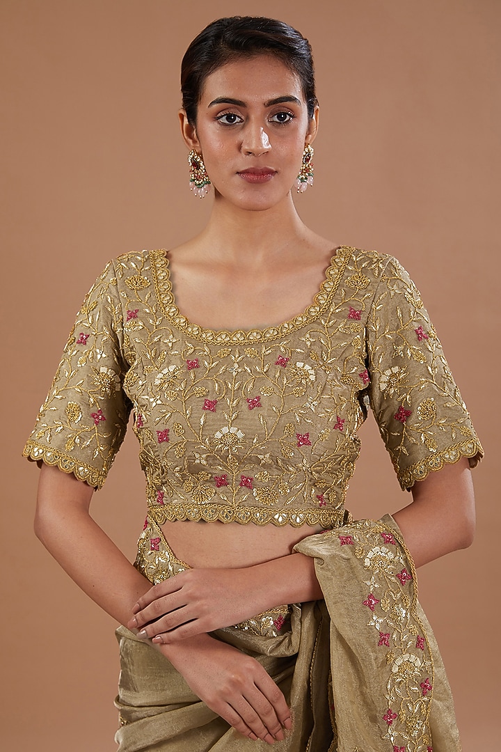 Antique Gold Pure Tissue Marori Embroidered Reception Saree Set by SURBHI SHAH at Pernia's Pop Up Shop