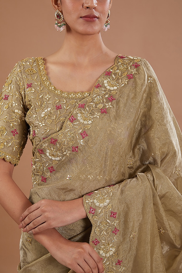 Antique Gold Pure Tissue Marori Embroidered Reception Saree Set by SURBHI SHAH at Pernia's Pop Up Shop