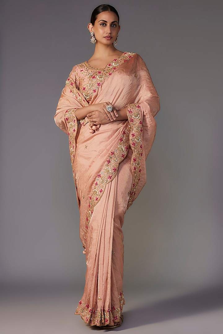 Rose Gold Pure Tissue Resham Embroidered Saree Set by SURBHI SHAH at Pernia's Pop Up Shop