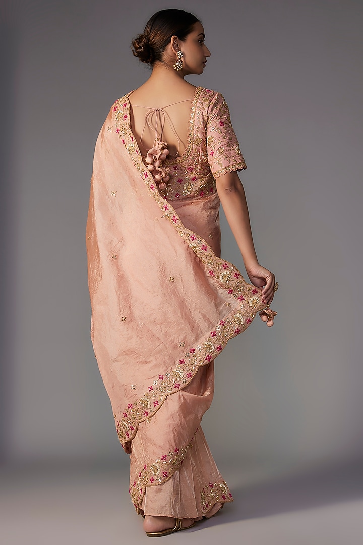 Rose Gold Pure Tissue Resham Embroidered Reception Saree Set by SURBHI SHAH at Pernia's Pop Up Shop
