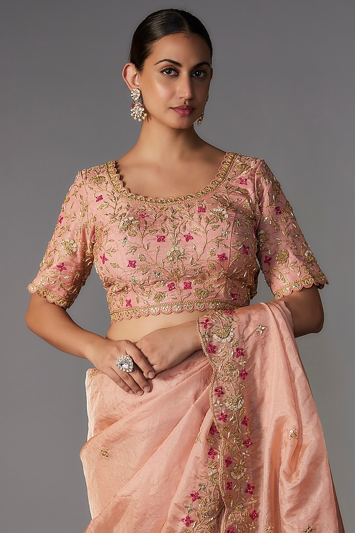 Rose Gold Pure Tissue Resham Embroidered Reception Saree Set by SURBHI SHAH at Pernia's Pop Up Shop