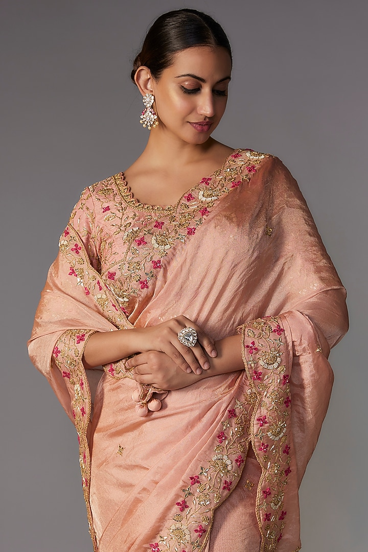 Rose Gold Pure Tissue Resham Embroidered Reception Saree Set by SURBHI SHAH at Pernia's Pop Up Shop