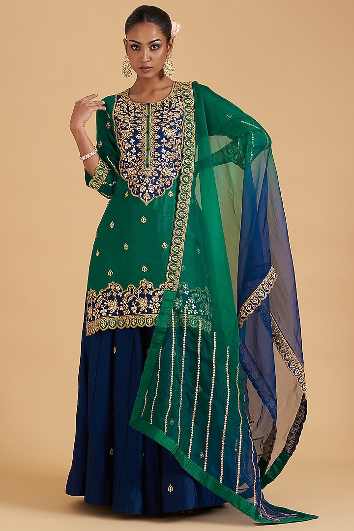 Blue Pure Spun Silk Kalidar Wedding Lehenga Set by SURBHI SHAH at Pernia's Pop Up Shop