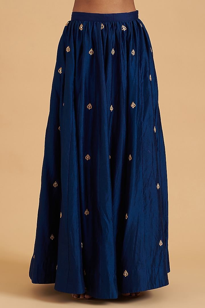 Blue Pure Spun Silk Kalidar Wedding Lehenga Set by SURBHI SHAH at Pernia's Pop Up Shop