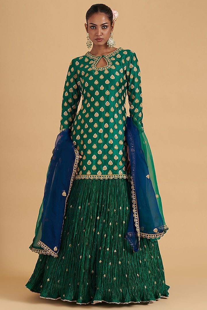 Green Kora Silk Crush Wedding Lehenga Set by SURBHI SHAH at Pernia's Pop Up Shop