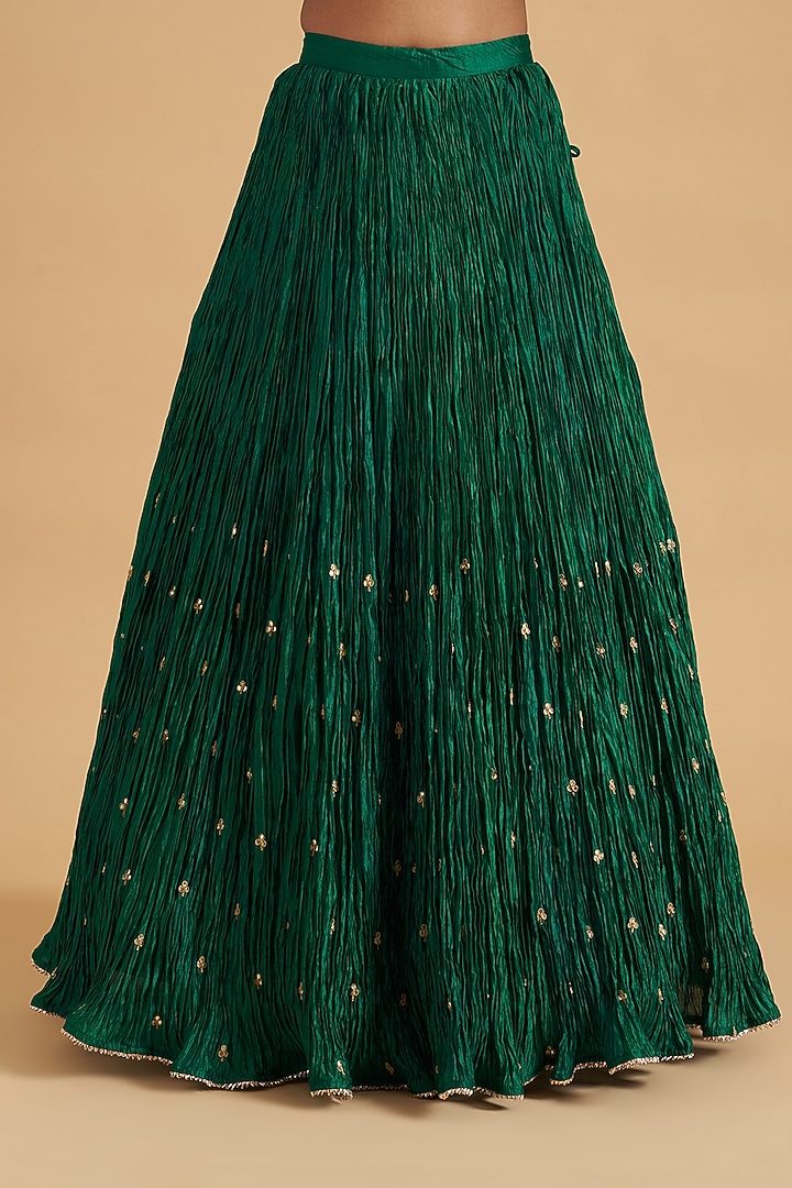 Green Kora Silk Crush Wedding Lehenga Set by SURBHI SHAH at Pernia's Pop Up Shop