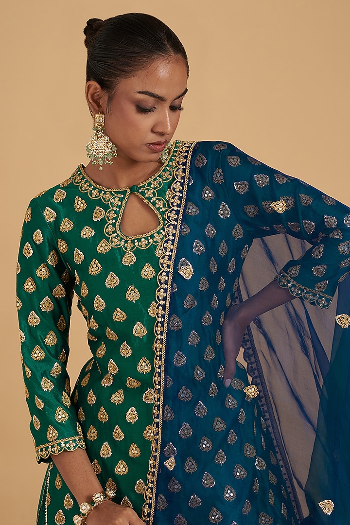 Green Kora Silk Crush Wedding Lehenga Set by SURBHI SHAH at Pernia's Pop Up Shop